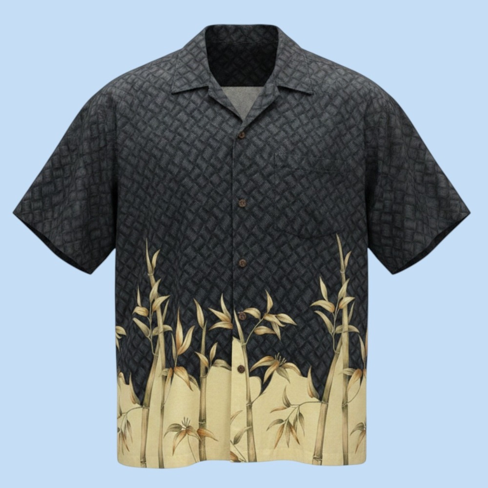 Winnie Fashion Hawaiian Shirt Mens Large Black‎ Bamboo Print Button Up Aloha
